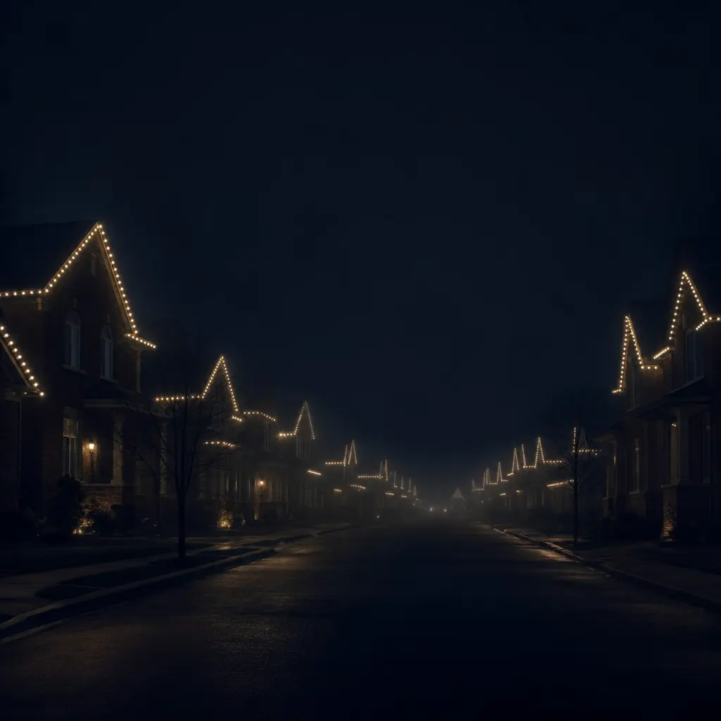A suburban street at night through light fog, two receding rows of houses reduced to dark silhouettes outlined in warm-white lights.